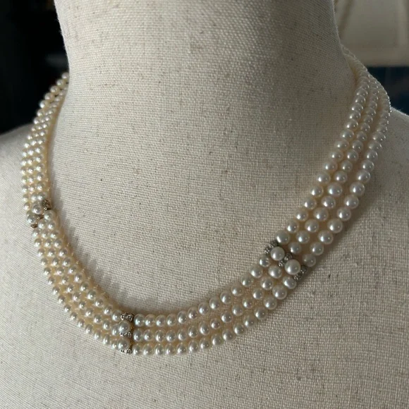 Vintage 14K Gold Cultured Pearl 3 Strand Necklace 17-1/2” - Picture 2 of 9